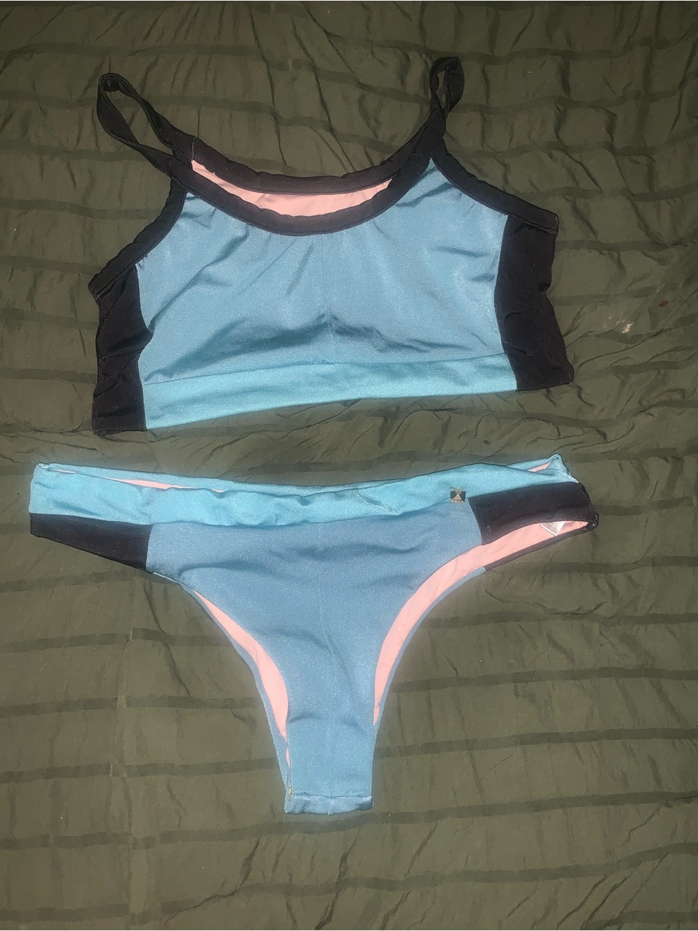 Blue and Black Two-Piece Bikini Set with Pink Trim